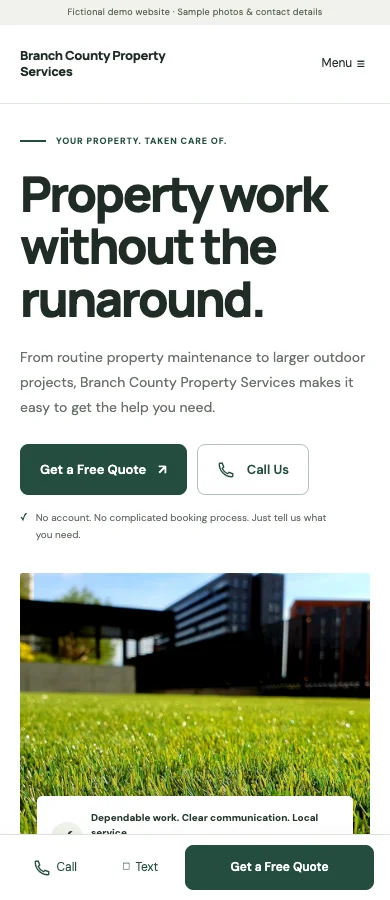 The same Branch County demo on a phone, with a clear headline and quote button